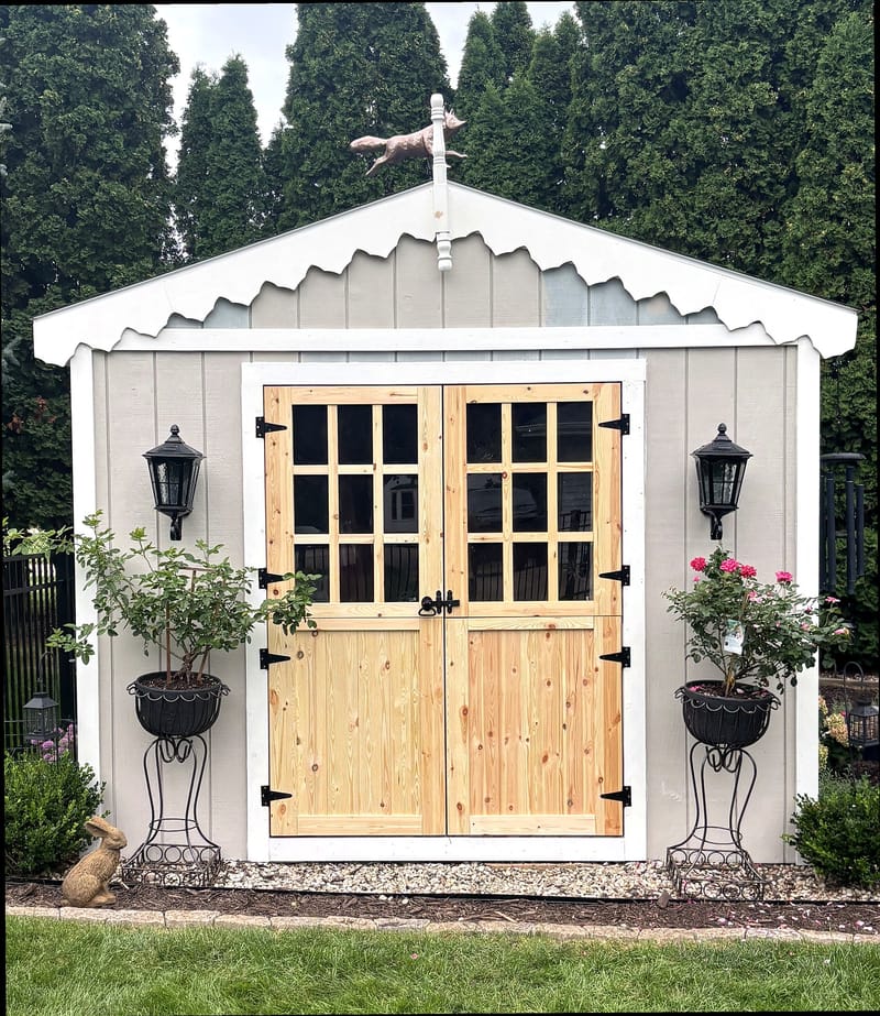 Custom wood double doors and white trim on an existing garden shed — Lyon St Woodworking